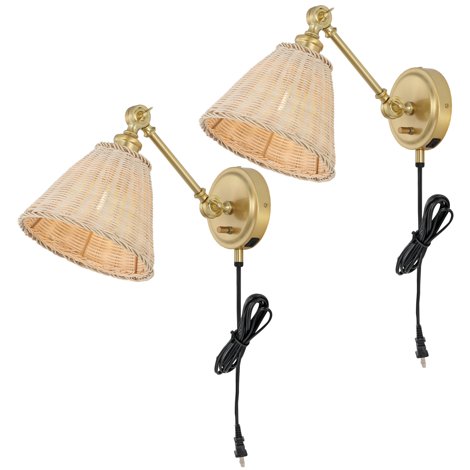 Barrows 2 Light Rattan Iron Dimmable Plug-in Armed Sconce, Brass