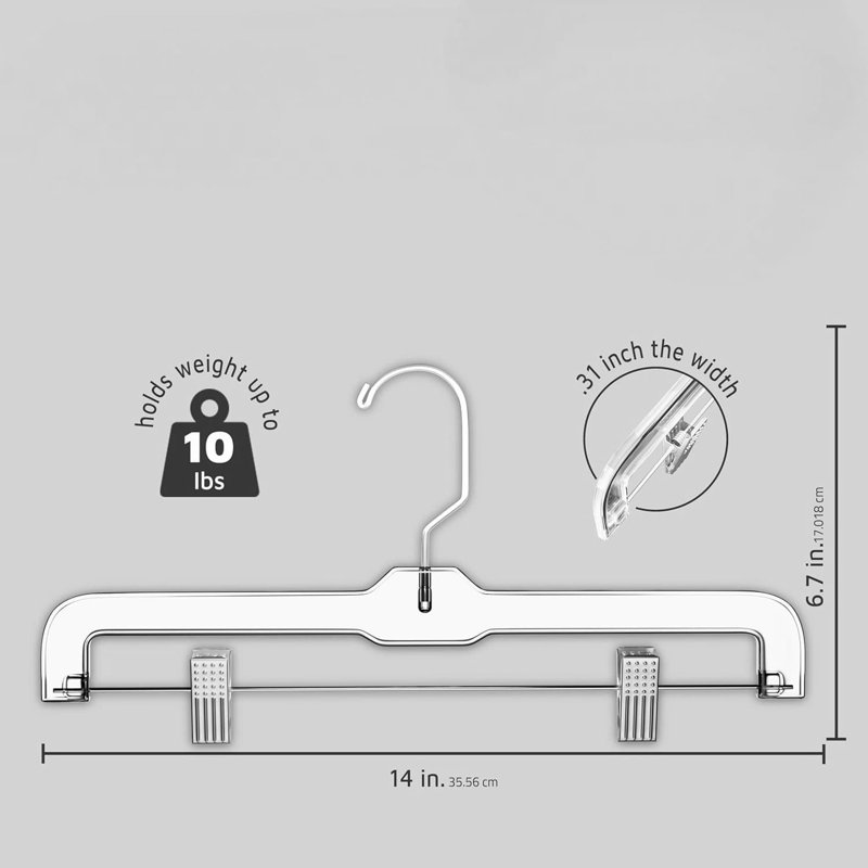 Cintres en plastique transparent avec pinces réglables, cintres anti-dérapants de 14 pouces pour jupe peu encombrante pour pantalons, pantalons, jeans et jupes, solution d'organisation de penderie à 360 degrés, paquet de 12