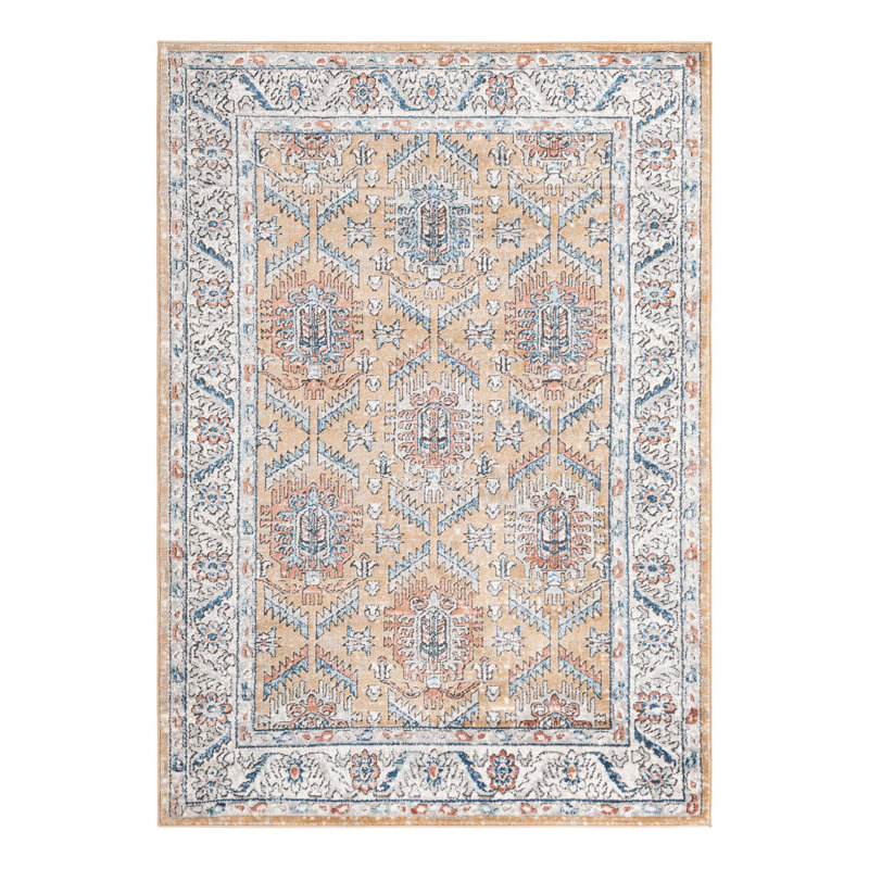 Weingartner Performance Mustard Yellow/Ivory/Blue Rug, Rectangle 5'3" x 8'
