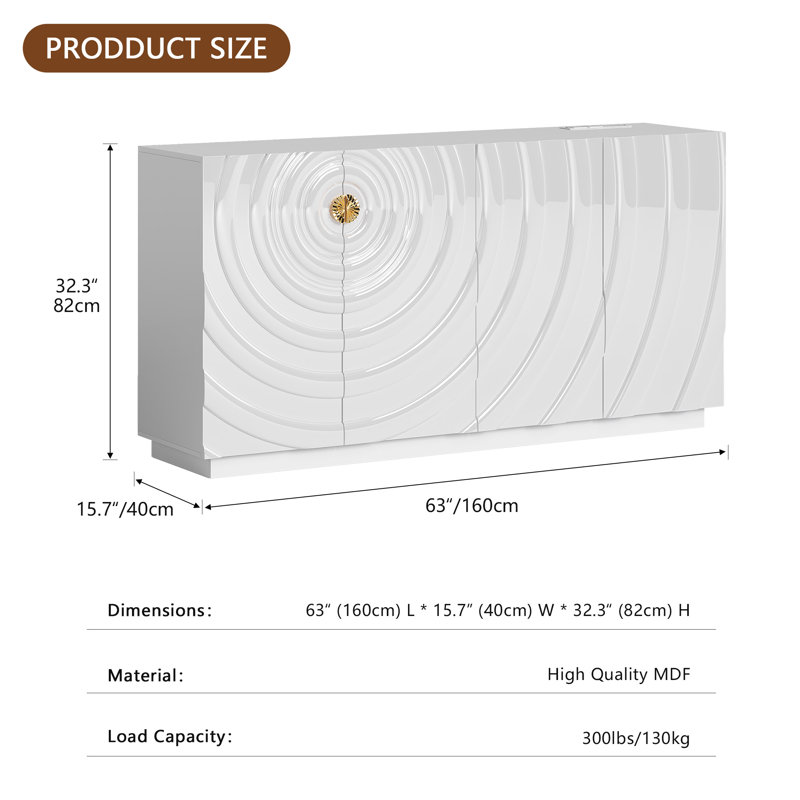 63'' Sideboard Cabinet With 7 Color Dazzles Led Light, Charging Station And Motion Sensor, White