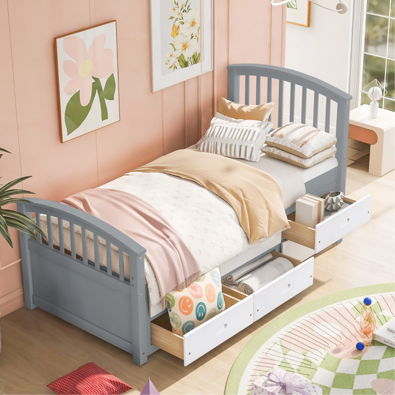 Lit plateforme simple en bois massif avec 6 tiroirs, gris et blanc