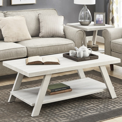 Table basse blanche avec tablette supplémentaire - Surface en placage de bois massif