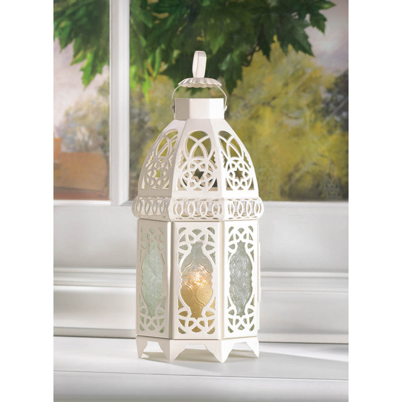 White Lattice Candle Lantern | Geometric Metal Patio Decor, White