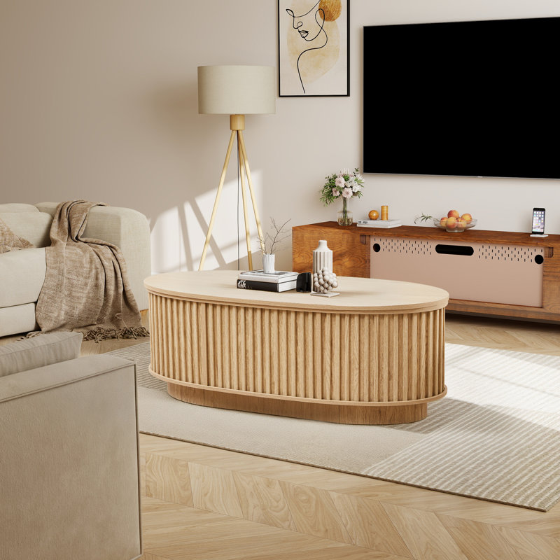 Table basse ovale à plateau relevable de 43,3 po avec rangement, Naturel