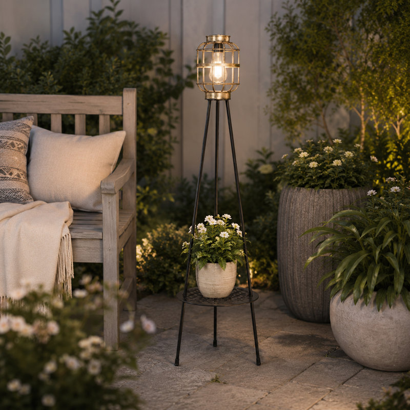 Outdoor Solar Lantern Floor Lamp with Plant Stand, Vintage Black Iron Tripod Patio Light