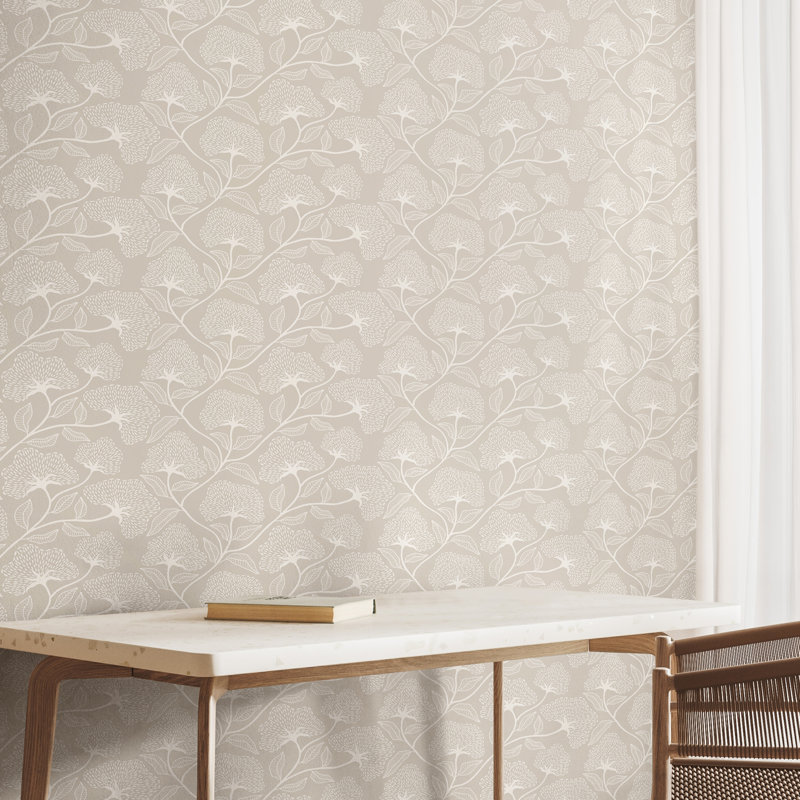 Dash Trail - Oatmilk 10m Wallpaper, Grey Floral