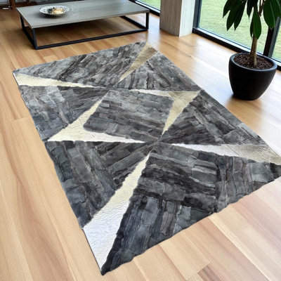 Modern Geometric Rex Rabbit Fur Area Rug In Grey And White, Soft Shaggy Rectangular Carpet, Luxury Hair Fur Living Room Rug, Custom Handmade_4 X 6 Ft