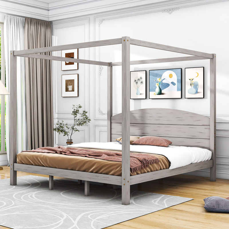 Lit plateforme à baldaquin en bois avec tête de lit Boones, Gris délavé