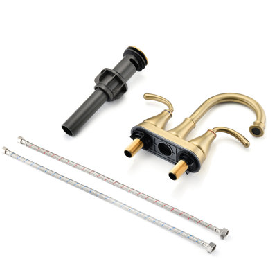 Brushed Golden Bathroom Sink Faucet With 2 Handles - Pop-Up Drain, Aerated Flow For Streamlined Water Utilization, High Spout, 360 Degree Swivel Nozzle, Zinc Alloy 2 Efficient Operations,