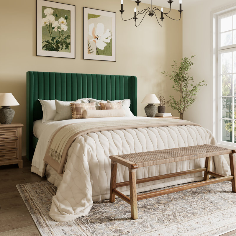 Candler Velvet Upholstered Platform Bed with Wingback Headboard and Wooden Slats, Green, Queen