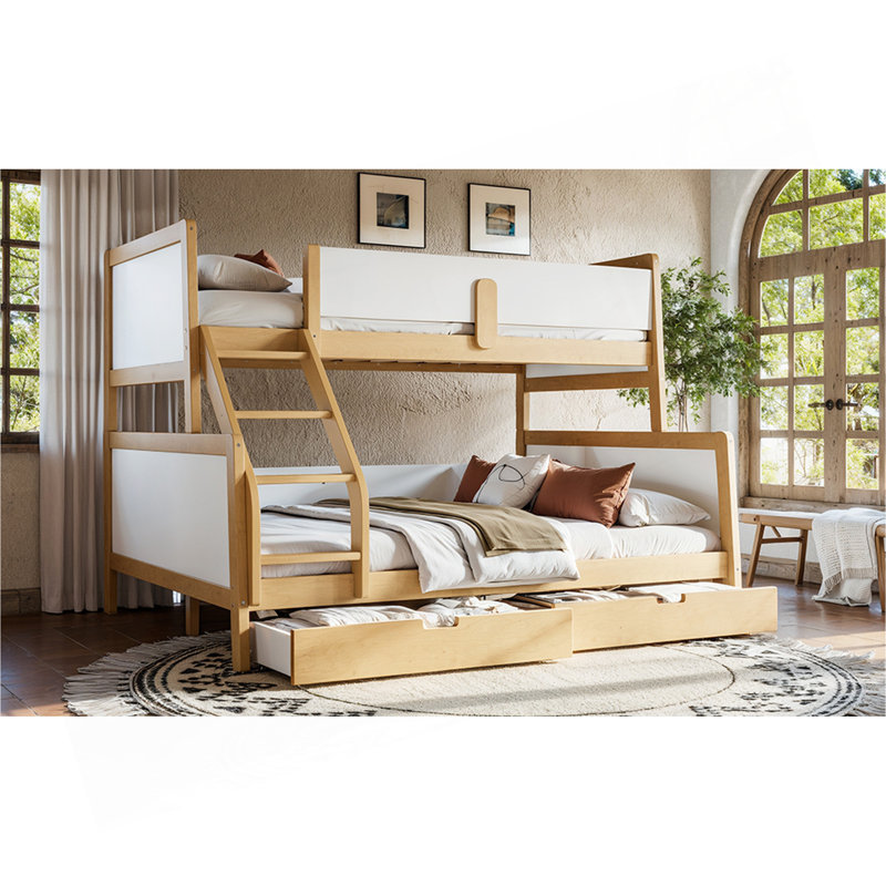 Lit simple superposé simple au-dessus d'un grand lit avec tiroirs de rangement, lit superposé en bois massif avec lattes de soutien et conception convertible, blanc et naturel