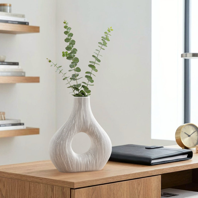 Elara 9" Textured Sculptural Donut Vase (White), White, 9 inch Donut Vase