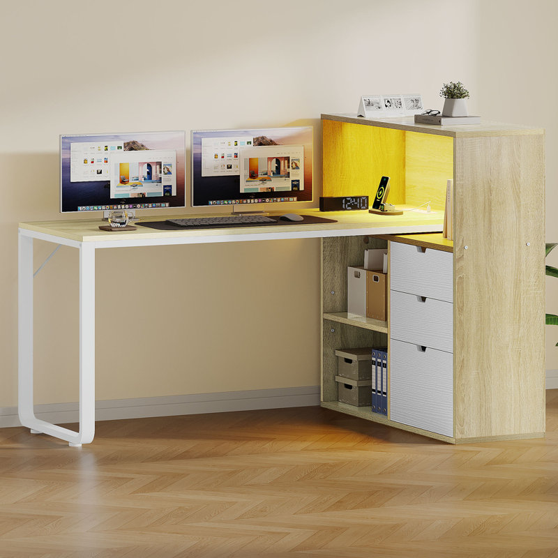 Broly 55'' L Shaped Desk with Power Outlets, Bookshelf & LED Light, Oak/White