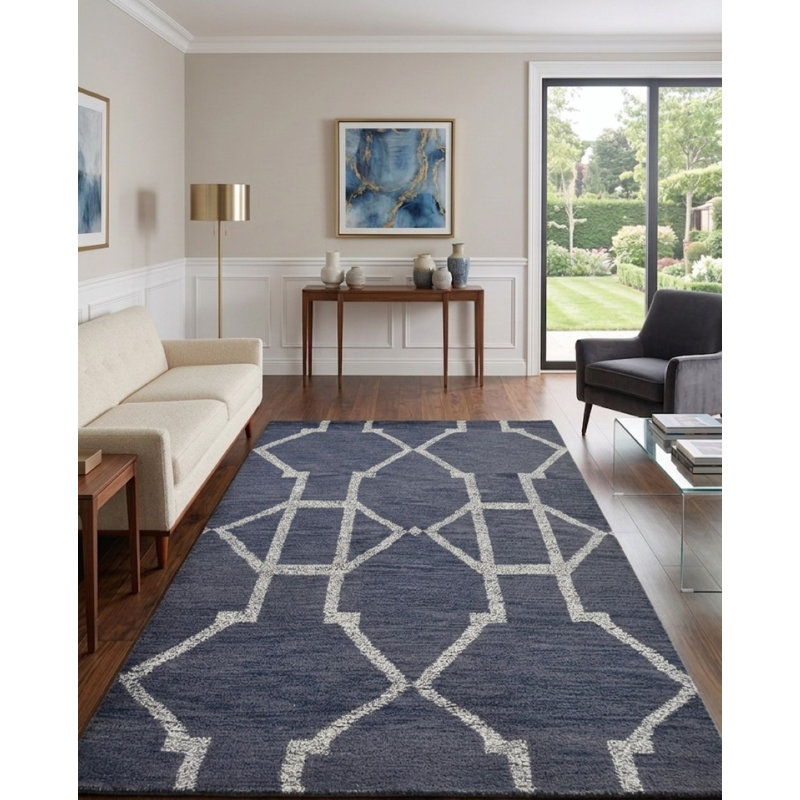 Gris clair | Tapis intérieur blanc en laine à motif géométrique blanc noué à la main, Rectangle de 5 pi x 8 pi