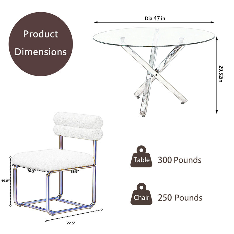 Ensemble de table de salle à manger ronde en verre, 7, H 30 po x L 47 po x l 47 po