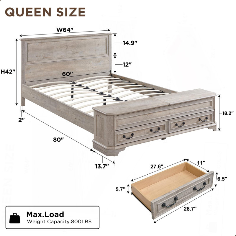 Grand lit avec tête de lit géométrique 3D et banc de rangement - rangement à 4 tiroirs, mobilier de chambre moderne