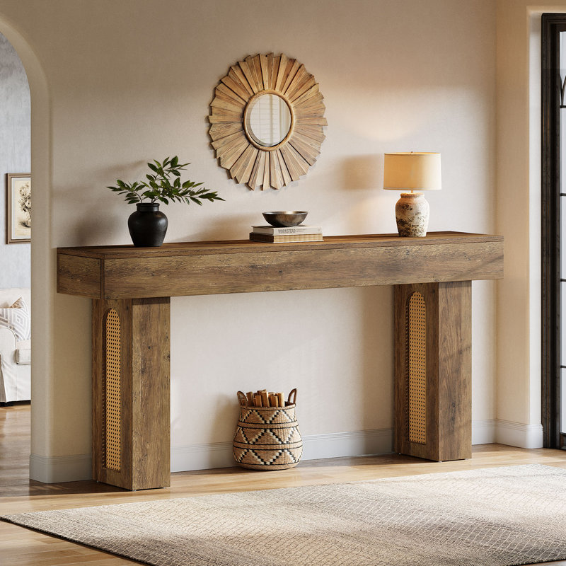 63 Inch Rattan Console Table, Farmhouse Entryway Table Sofa Table With Heavy Duty Legs