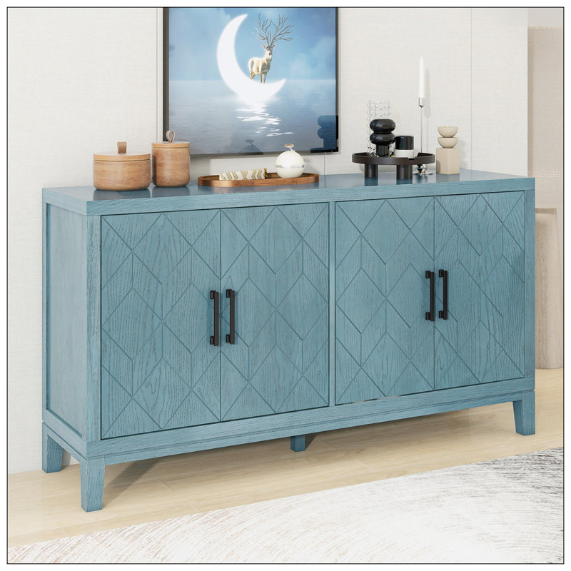 Buffet rétro 4 portes avec tablettes réglables, Bleu marine