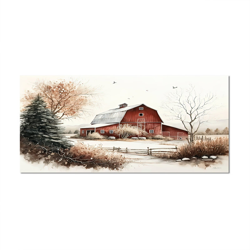 Église en campagne pendant l'hiver I - art mural paysage religieux, H 28 po x l 60 po