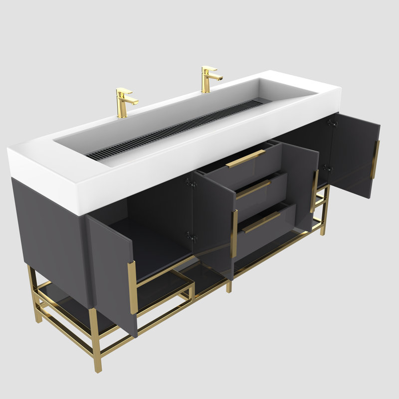 Ensemble de meuble-lavabo double l 71,5 po x P 19,75 po x H 36 po Ivanees Blossom, Gris à haute brillance