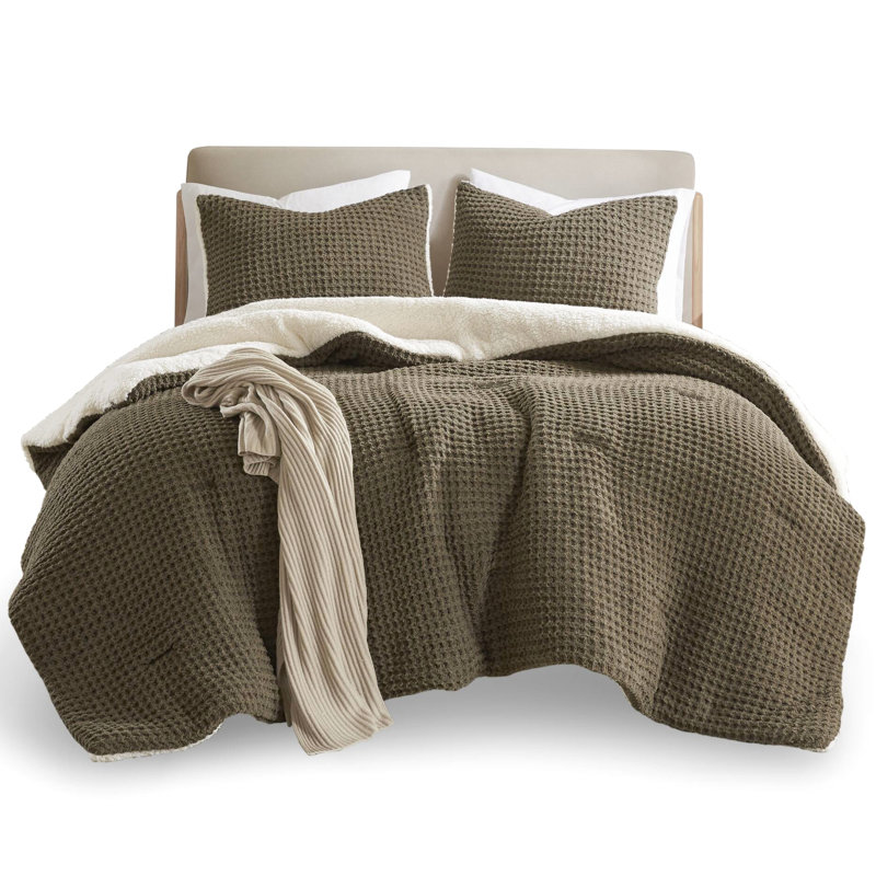 Édredon en chenille gaufrée pour très grand lit - 100%, couleur brune, 2 taies décoratives, lavable à la machine, tricot inversé en tissu réversible