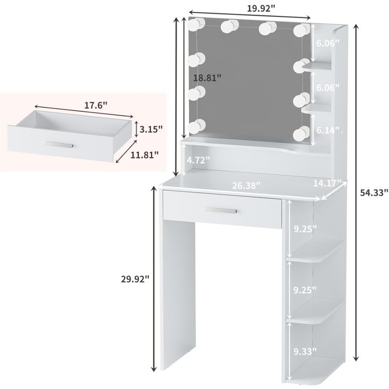 26.4" Small Makeup Vanity Desk with Lighted Mirror, 3 Color Modes, Drawer & 6 Level Storage, White, White