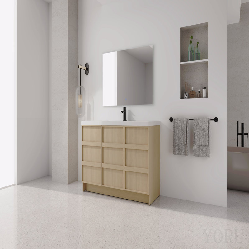 Meuble-lavabo autoportant 48 po avec lavabo en résine et 3 portes d'armoire à fermeture en douceur, contreplaqué, chêne Dune