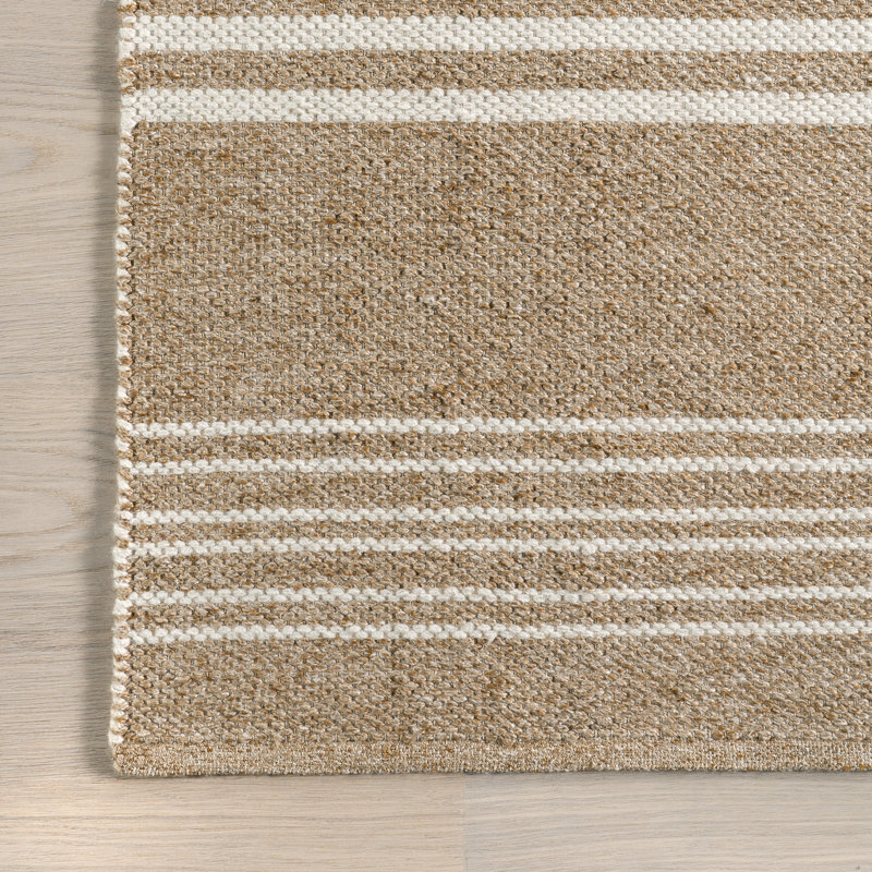 Sand and Off-White Wool Reversible Striped Rectangular Rug, 6' x 9'