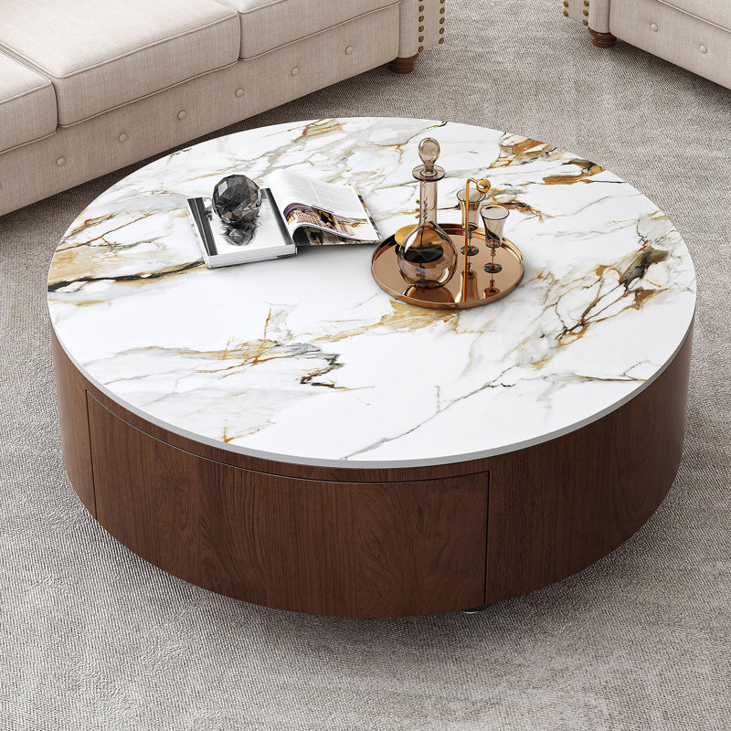 Table basse ronde en bois avec plateau en faux marbre