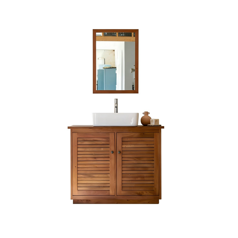 Meuble-lavabo sur pied en bois naturel avec lavabo et miroir, 33.46" H x 47.24" W x 21.65" D