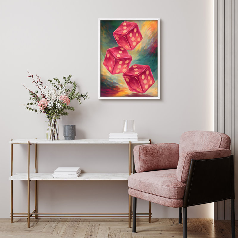 Abstract Dice Framed Wall Art Prints - Red dice with vibrant background, for game room, H 14 po x l 11 po, Blanc