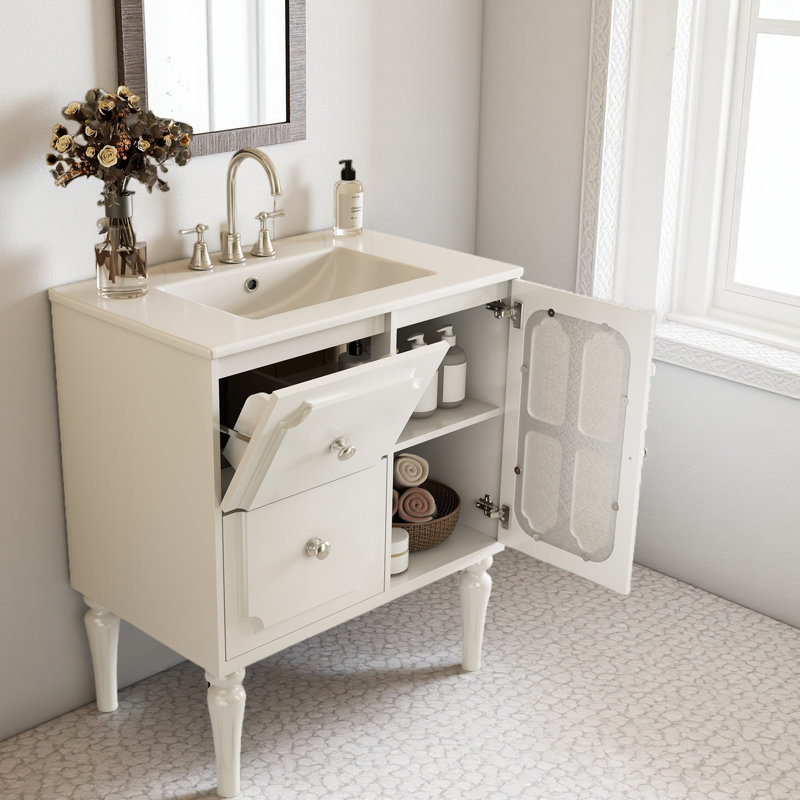 Meuble-lavabo de style rétro avec lavabo en céramique 30 po, meuble-lavabo simple autoportant avec 2 tiroirs et meuble de rangement pour salle de bain