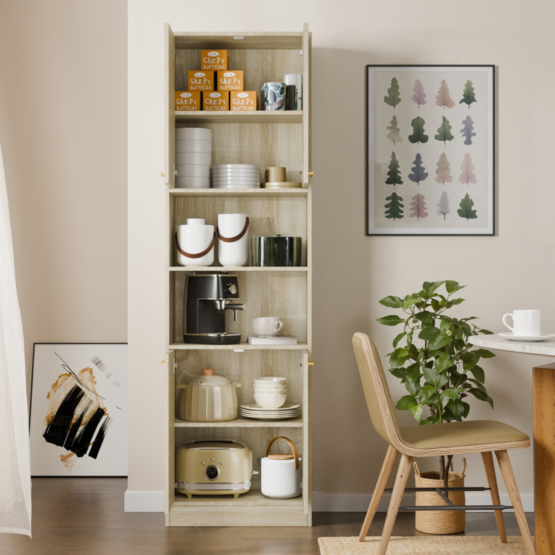 Schnur 75"H Kitchen Pantry Cabinet with Open Storage and Adjustable Shelves for Dining Room, Living Room, Laundry, Bathroom