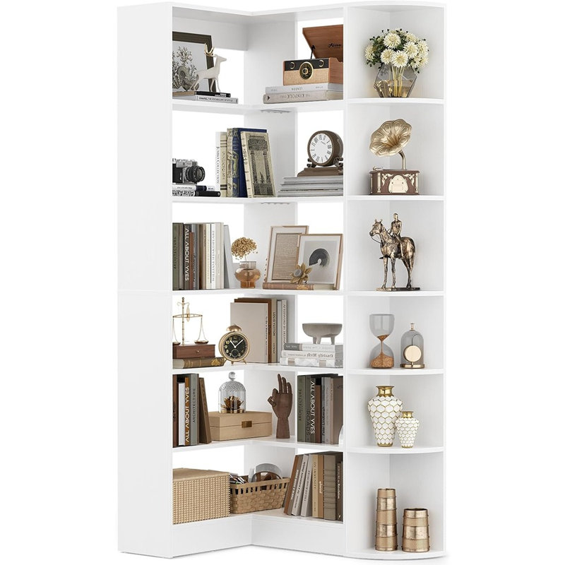 Grande bibliothèque d'angle en forme de L à 6 niveaux avec chicane, blanc, tablettes de rangement ouvertes pour la chambre à coucher, le bureau personnel, le salon et la cuisine