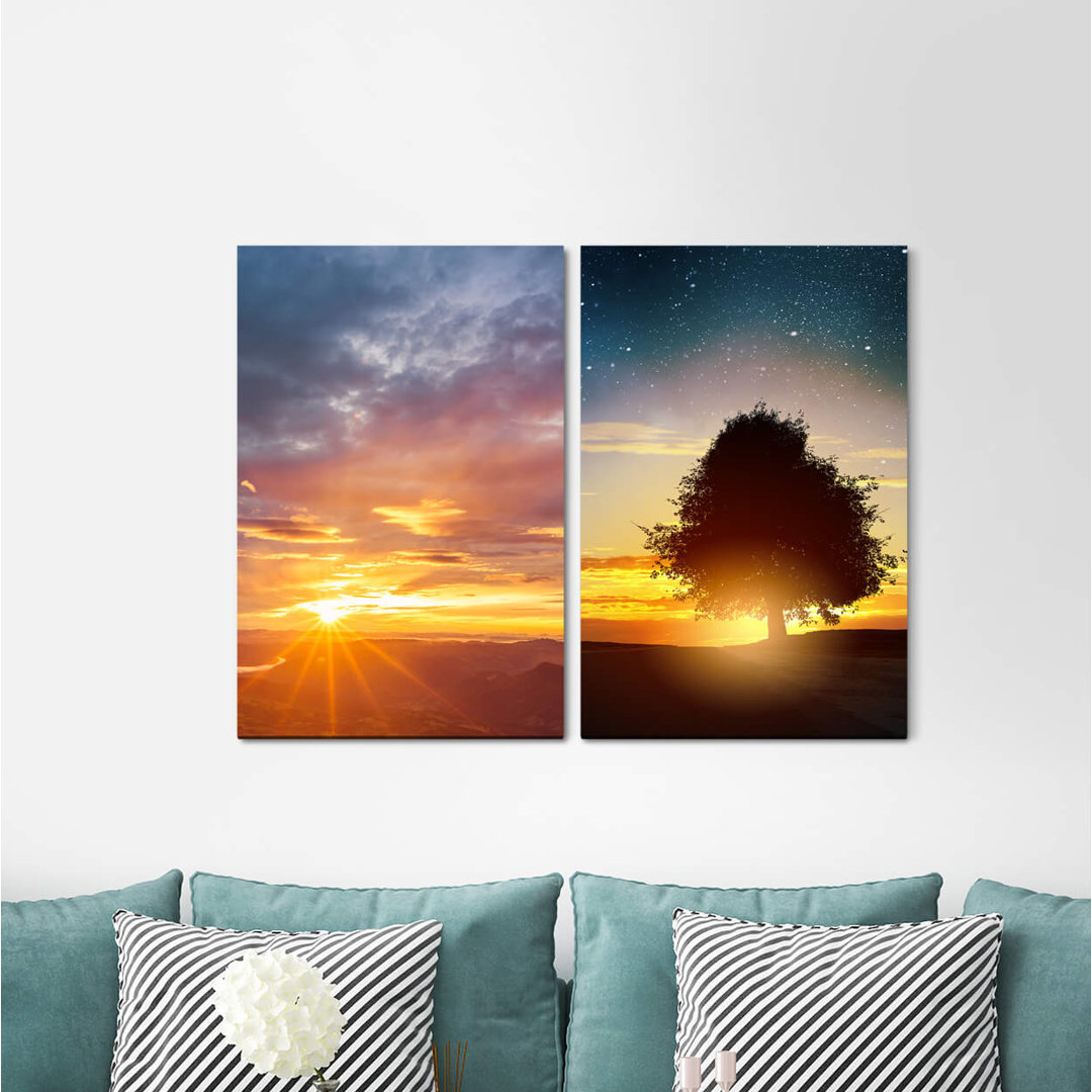 2-tlg. Leinwandbilder-Set Horizon Sun Tree Sunset Night Sky Stars Starry Sky