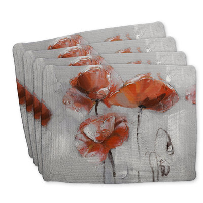 Ensemble de 4 napperons en polyester tressé - Fleurs rouges