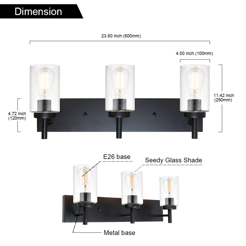 Éclairage de salle de bain 3 lumières à intensité variable noir avec abat-jour en verre bullé.