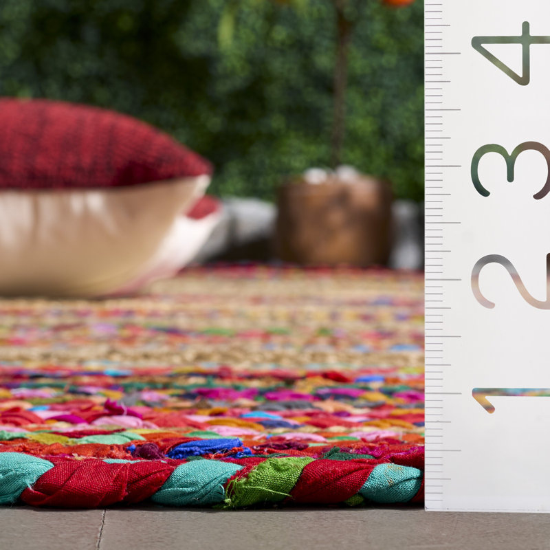 Braided Hand Woven Cotton/Jute Southwestern Rug in Red, Round 3'