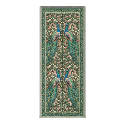 Vintage Peacock Botanical Green Runner Rug, Machine Washable Floral Bird Non-Slip Rug for Hallway Entryway