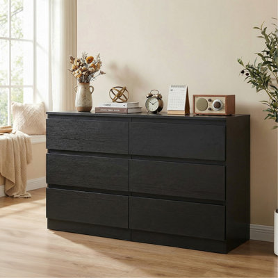 6 Drawer Black Dresser, Modern Bedroom Dresser With Spacious Countertop, Wood Storage Cabinet With Concealed Handles & 6 Deep Drawers For Bedroom, Liv