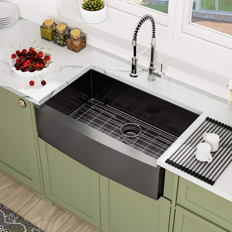 36"L Gunmetal Black Farmhouse / Apron Single Bowl Kitchen Sink 16 Gauge Stainless Steel Kitchen Sink with Basket Strainer
