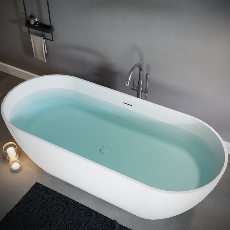 69" Luxury Freestanding Soaking Bathtub Of Matte White, High - Quality Resin, To Fading, Comfortable Shape In Density Stone Long Term Durability, Spacious Area