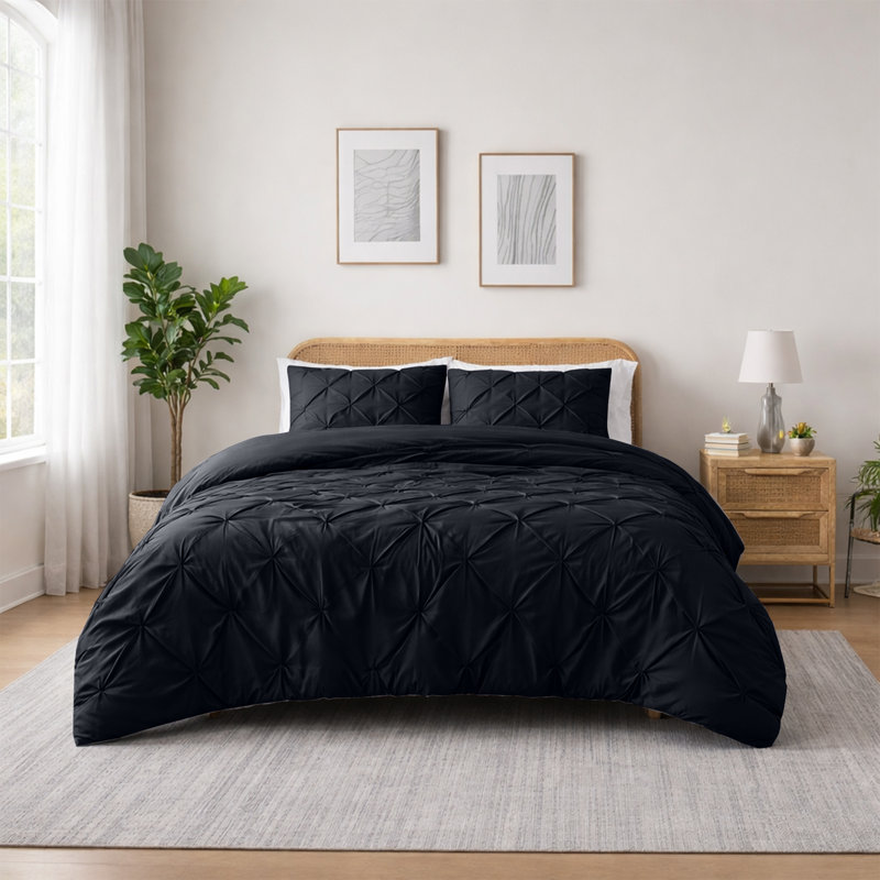 Microfiber Pintuck Duvet Cover Set – 2 Pillowcases, Black, Double Duvet Cover + 2 Standard Pillowcases