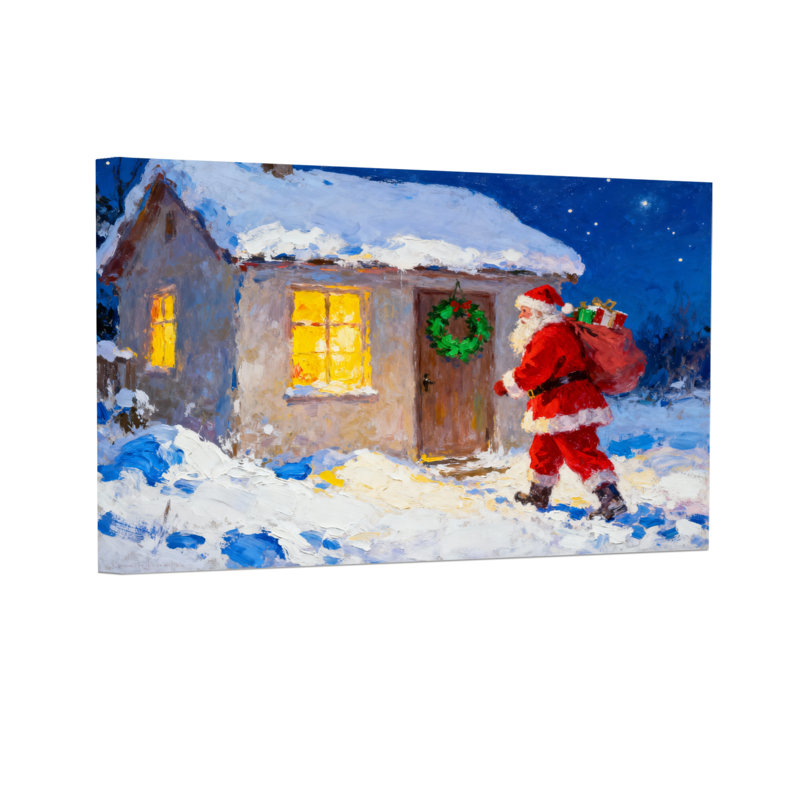 Noël père Noël marchant jusqu'à la maison dans la neige