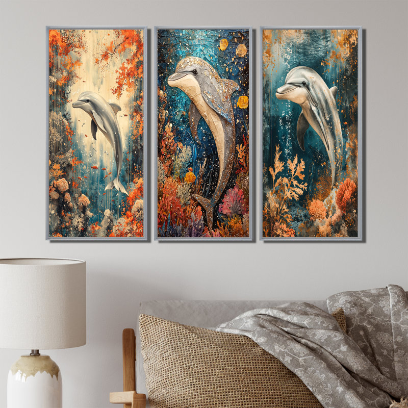 Danse du dauphin au-dessus d'un corail I - Collection de décorations murales modernes, H 40 po x l 60 po, Argent argent
