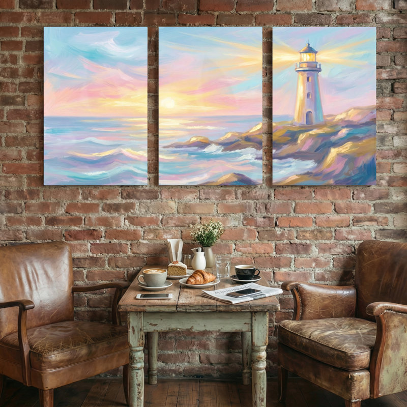 Abstrait coucher de soleil phare océan vagues ciel reflets côte rocheuse ensemble de 3 impressions d'art sur toile
