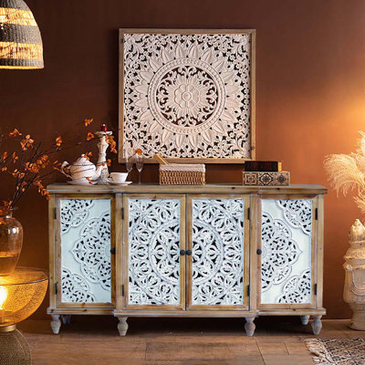 Farmhouse 4-Door Hollow-Carved Accent Cabinet