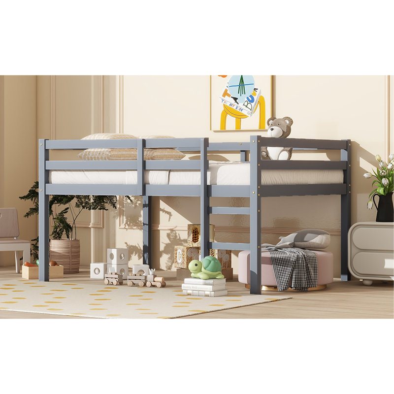 Lit mezzanine double en bois d'hévéa avec échelle, gris