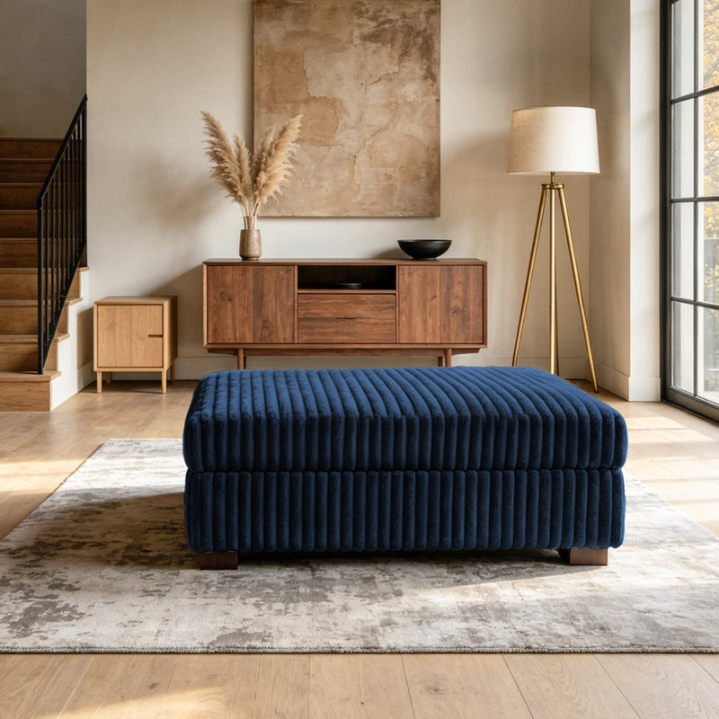 Repose-pieds rembourré rectangulaire en flanelle de fourrure de lapin, pièce modulaire simple pour canapé modulaire, Bleu