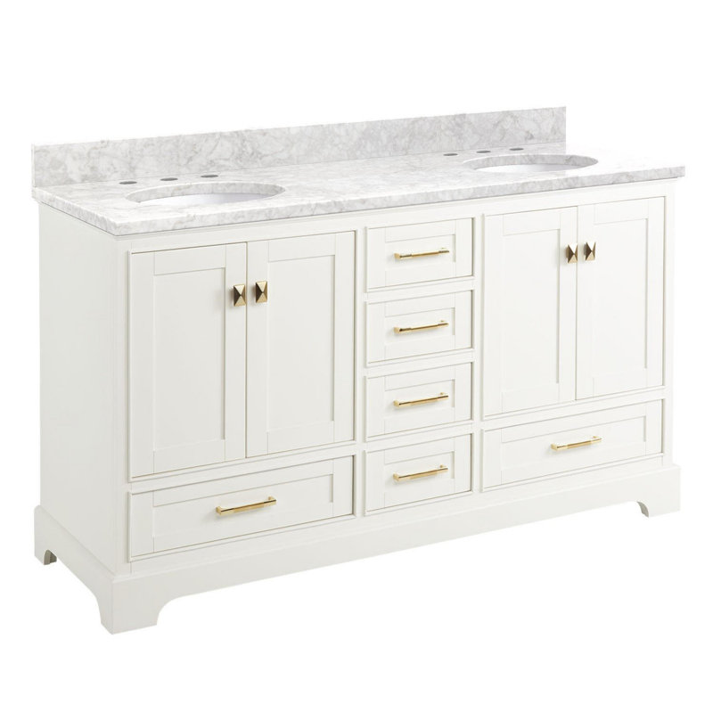 Quen 60" Freestanding Double Basin Vanity Set with Cabinet, Vanity Top, and Oval Undermount Sinks, Soft White, Satin Brass